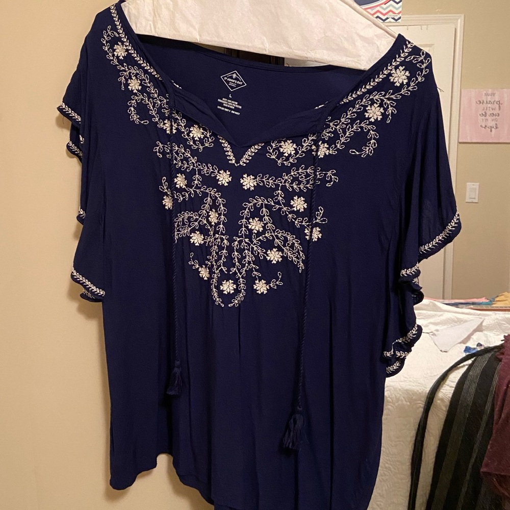Navy and White Embroidered Top